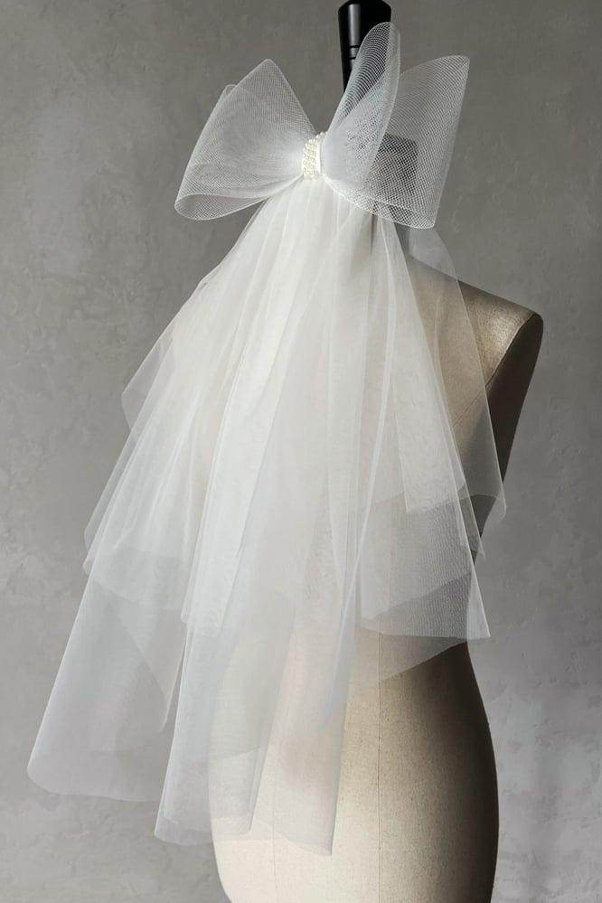 Two-tier Cut Edge Tulle Waist Veils with Bow CV0376 - COCOMELODY