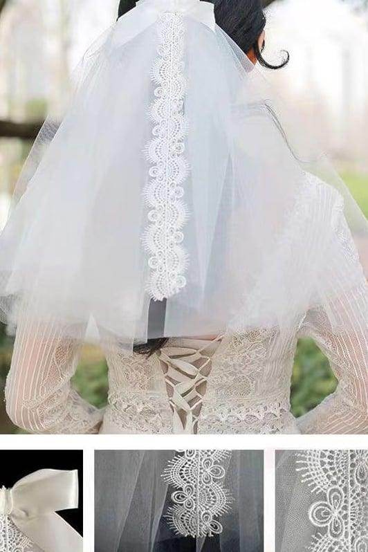 Two-tier Cut Edge Lace Tulle Shoulder Veils with Bow CV0394 - COCOMELODY