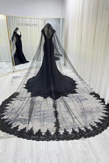 One-tier Lace Edge Tulle Chapel Veils with Appliques Beading CV0397 - COCOMELODY