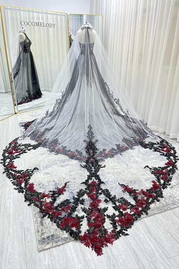 One-tier Lace Edge Tulle Cathedral Veils with Appliques Sequin CV0401 - COCOMELODY