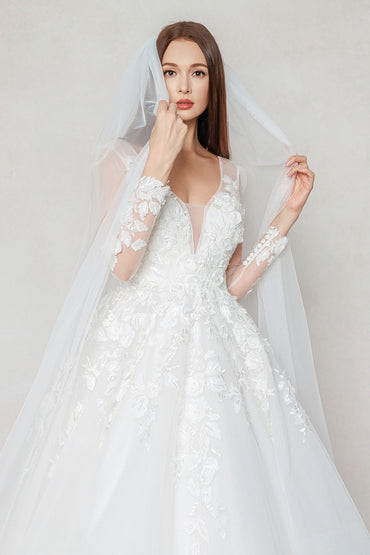 One-tier Lace Edge Tulle Chapel Veils with Appliques CV0404