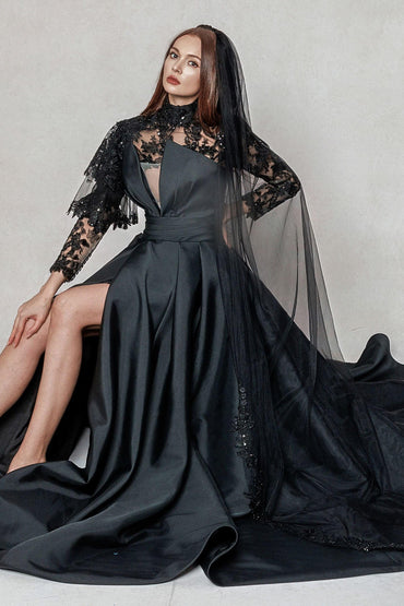 One-tier Lace Edge Tulle Chapel Veils with Appliques CV0405 - 45 Days / Black - COCOMELODY