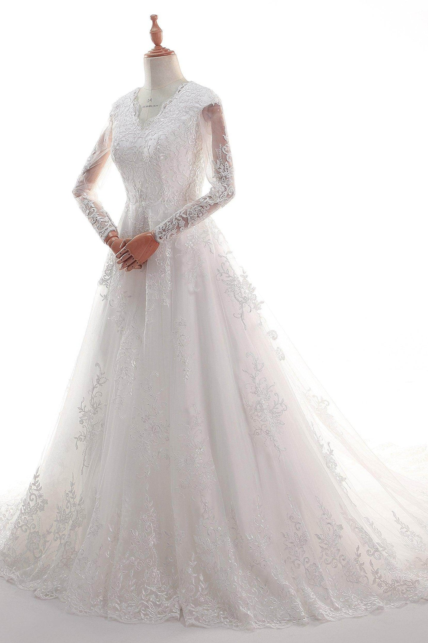 A-Line Court Train Satin Tulle Lace Wedding Dress CW2452 - COCOMELODY