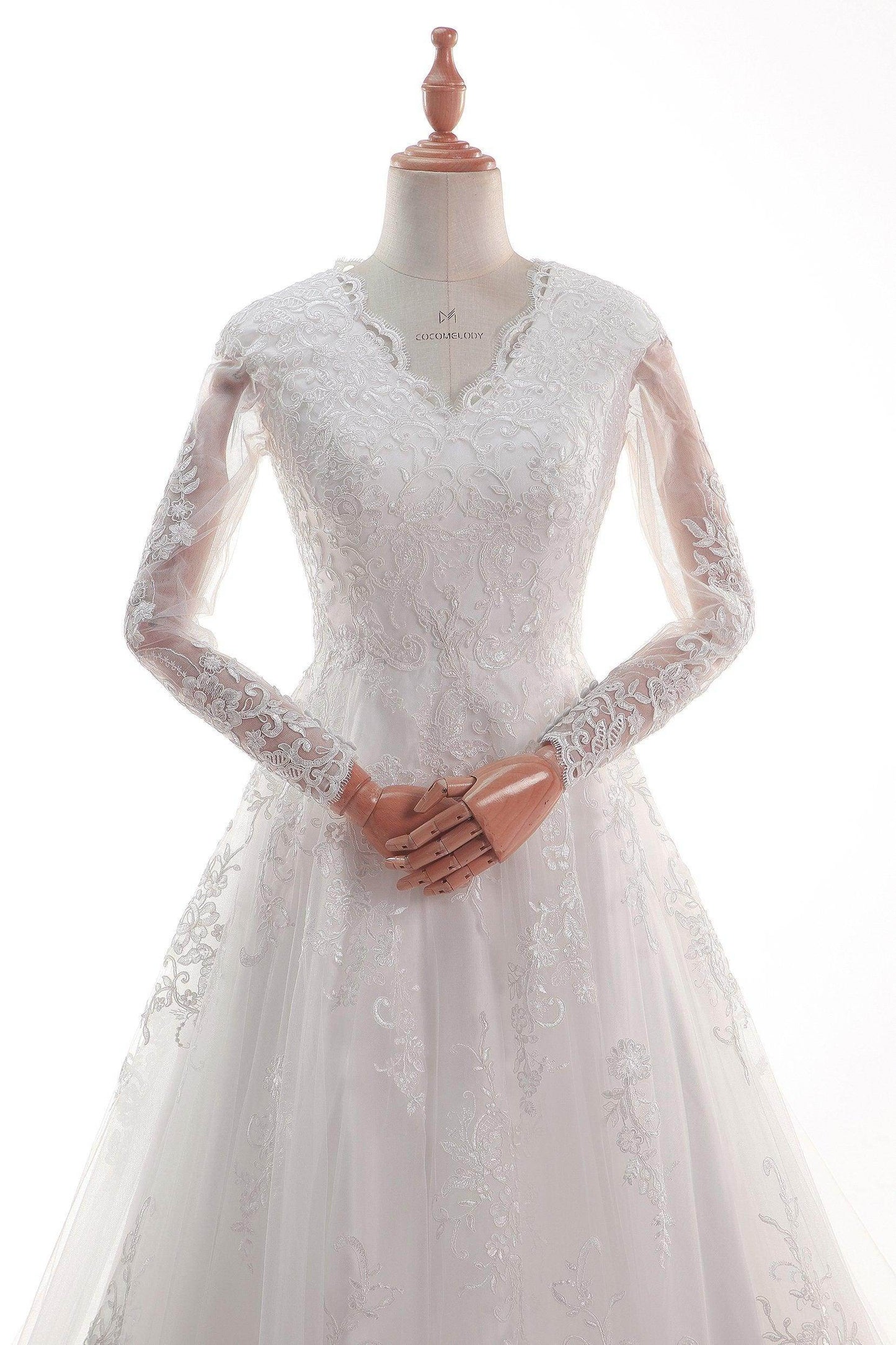 A-Line Court Train Satin Tulle Lace Wedding Dress CW2452 - COCOMELODY