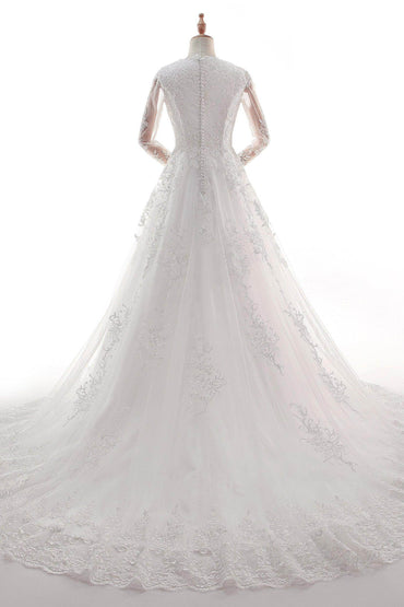 A-Line Court Train Satin Tulle Lace Wedding Dress CW2452 - COCOMELODY