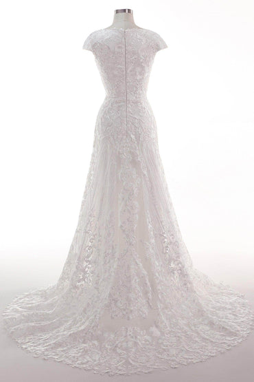 Sheath-Column Sweep Train Tulle Lace Wedding Dress CW2457 - COCOMELODY
