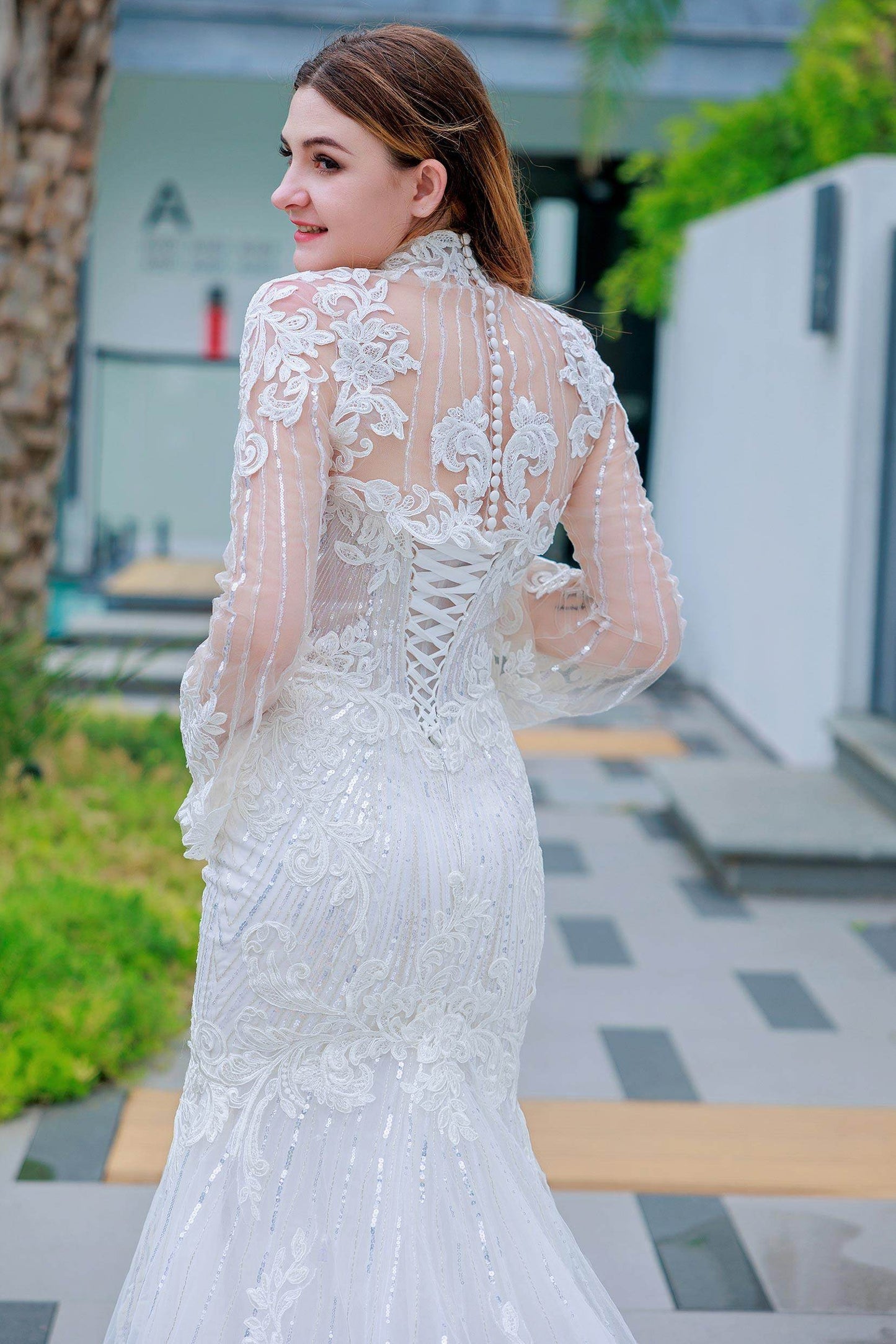 Trumpet-Mermaid Chapel Train Lace Sequined Wedding Dress CW3324 - COCOMELODY