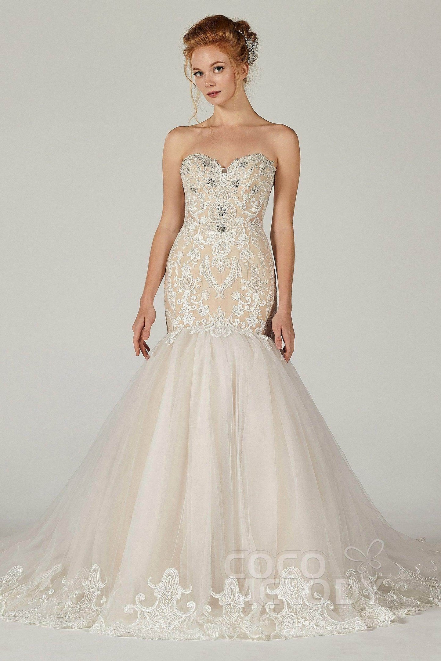 Trumpet Court Train Tulle Elastic Satin Wedding Dress CW2120 - COCOMELODY