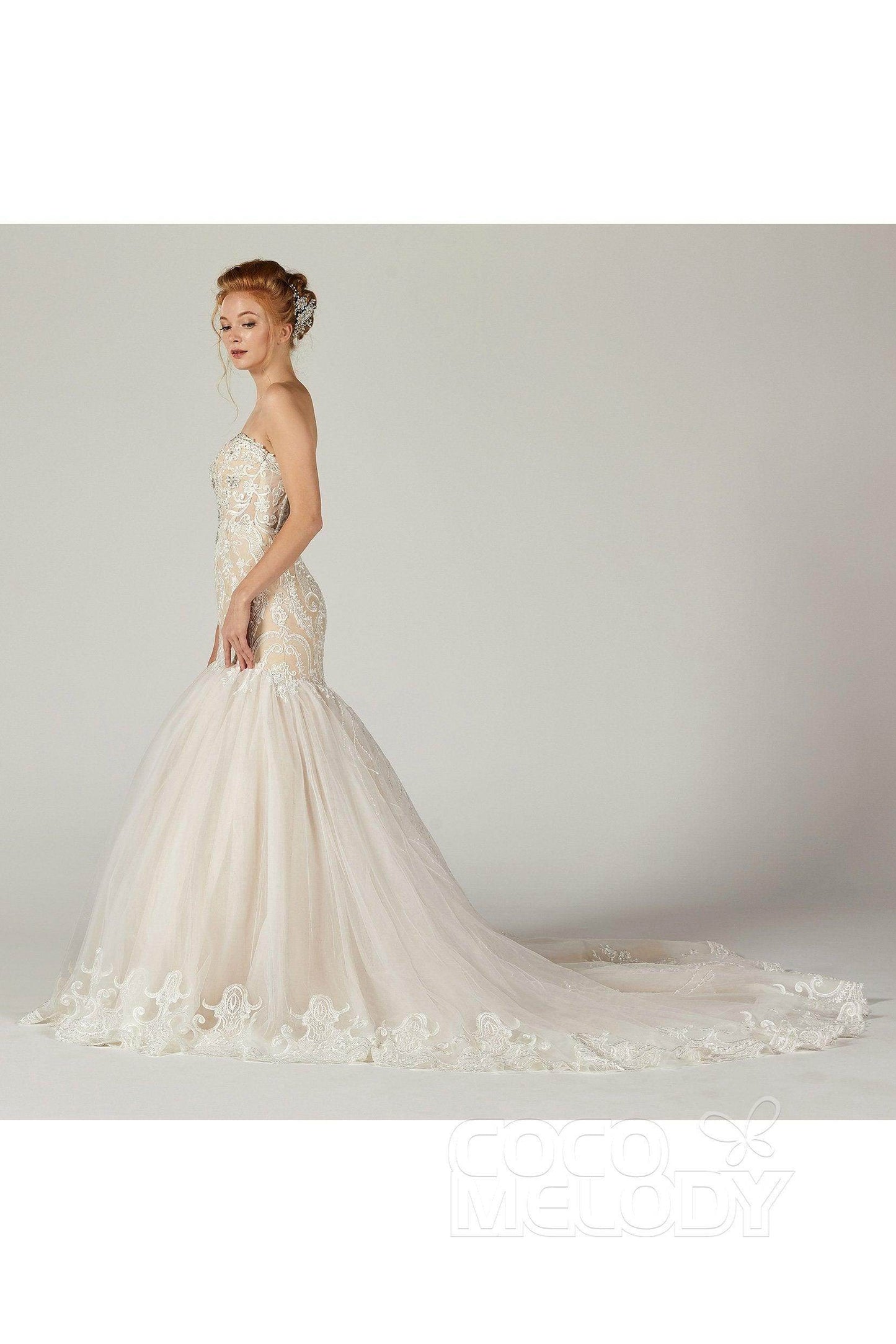 Trumpet Court Train Tulle Elastic Satin Wedding Dress CW2120 - COCOMELODY