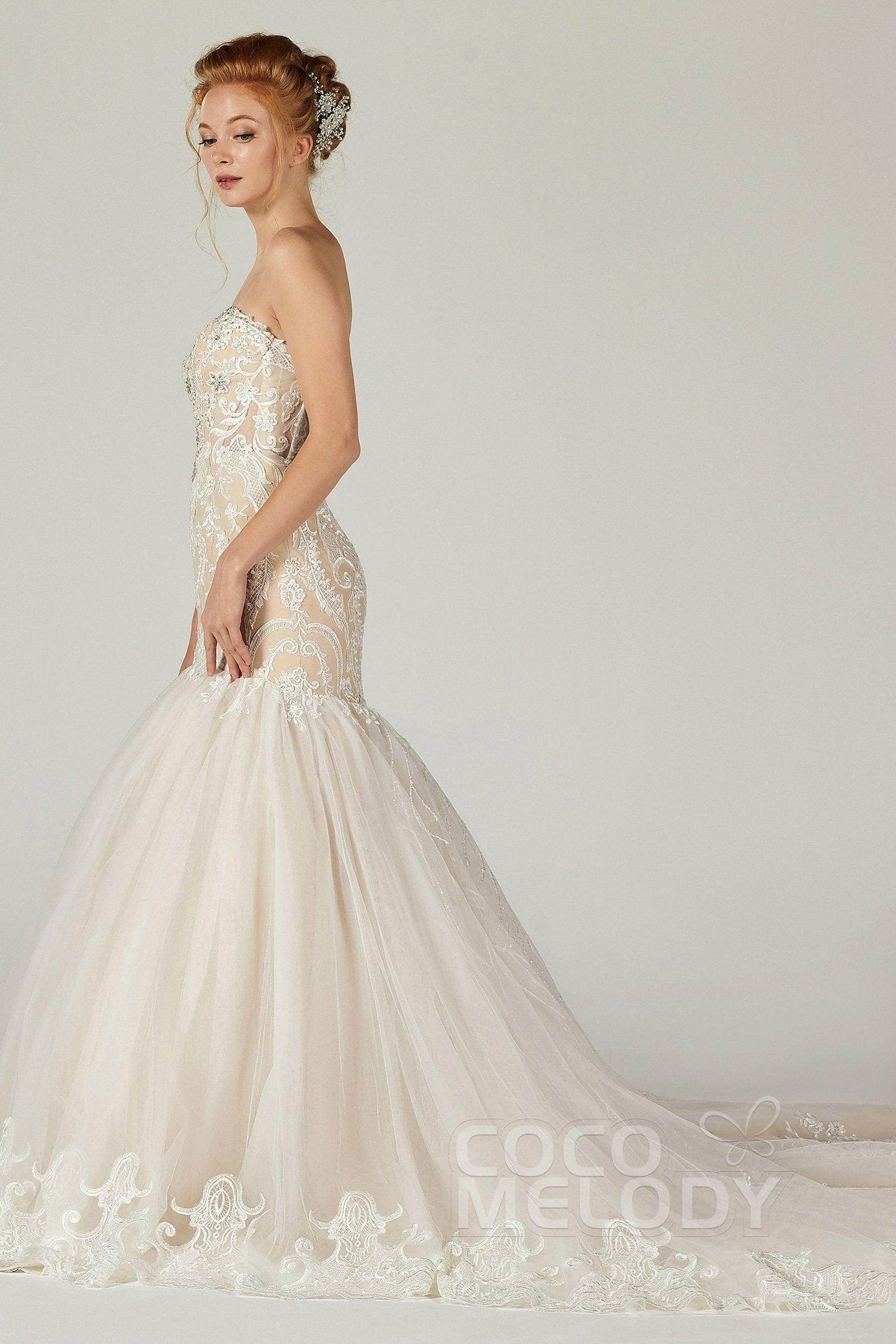 Trumpet Court Train Tulle Elastic Satin Wedding Dress CW2120 - COCOMELODY
