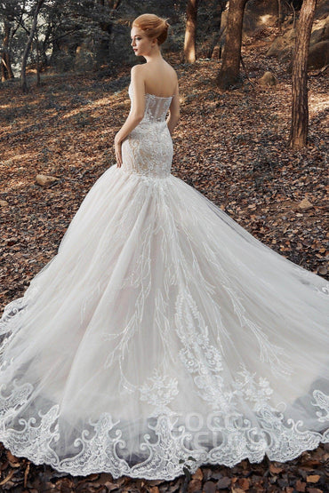 Trumpet Court Train Tulle Elastic Satin Wedding Dress CW2120 - COCOMELODY