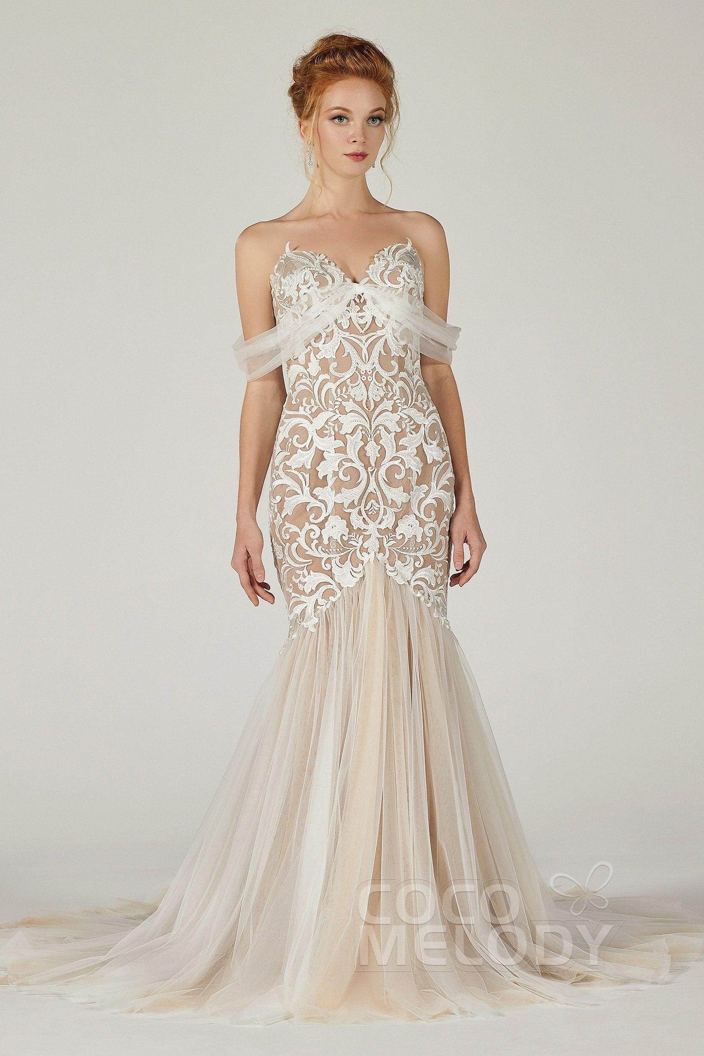 Trumpet Court Train Tulle Elastic Satin Wedding Dress CW2126 - COCOMELODY
