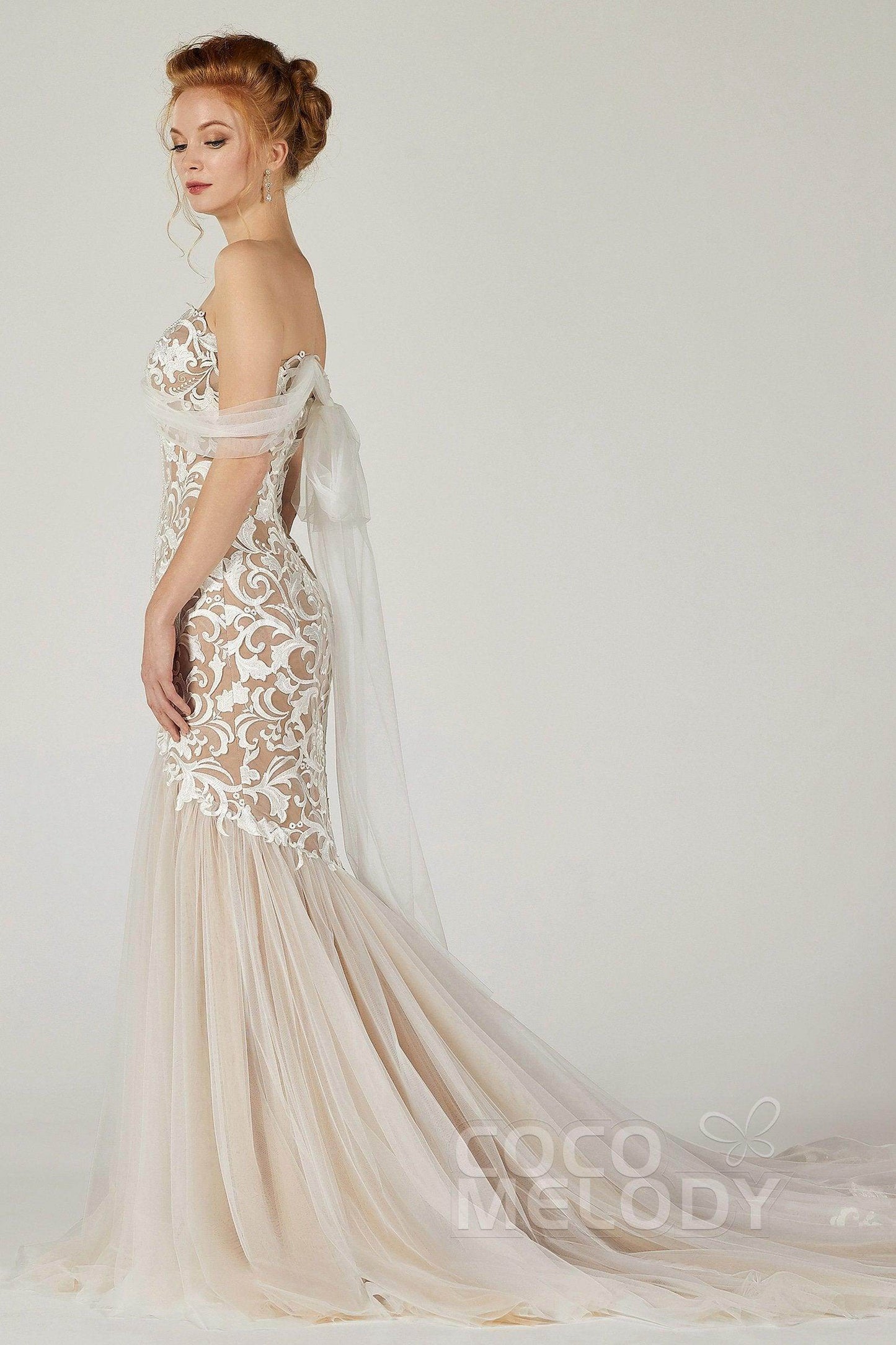 Trumpet Court Train Tulle Elastic Satin Wedding Dress CW2126 - COCOMELODY