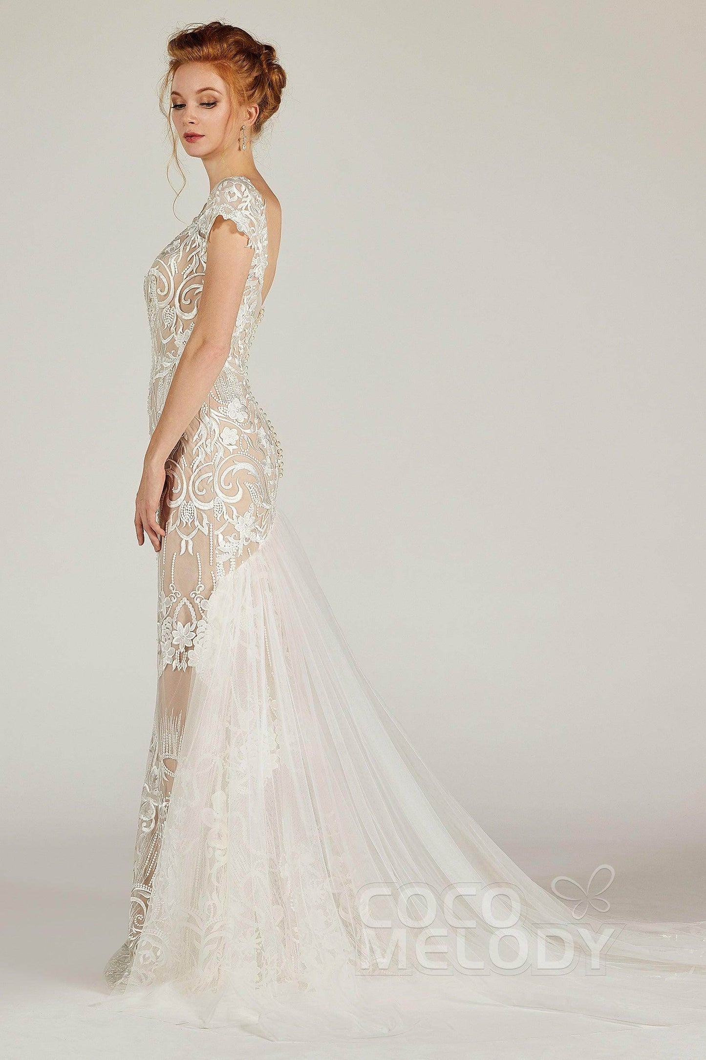 Trumpet Court Train Lace Knitted Fabric Wedding Dress CW2129CR - COCOMELODY