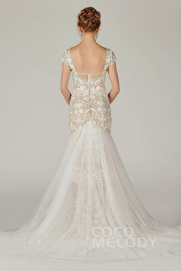 Trumpet Court Train Lace Knitted Fabric Wedding Dress CW2129CR - COCOMELODY