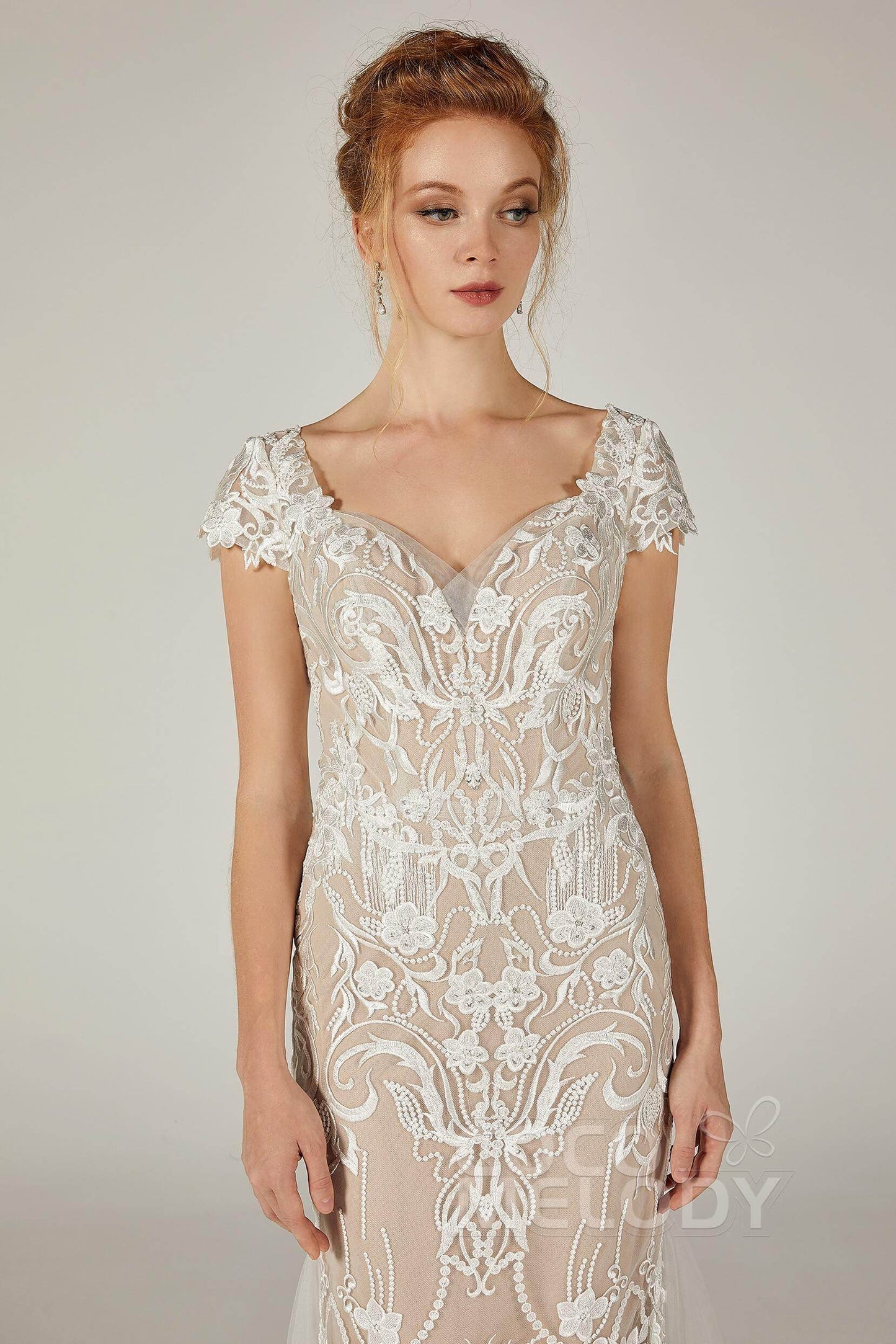 Trumpet Court Train Lace Knitted Fabric Wedding Dress CW2129CR - COCOMELODY