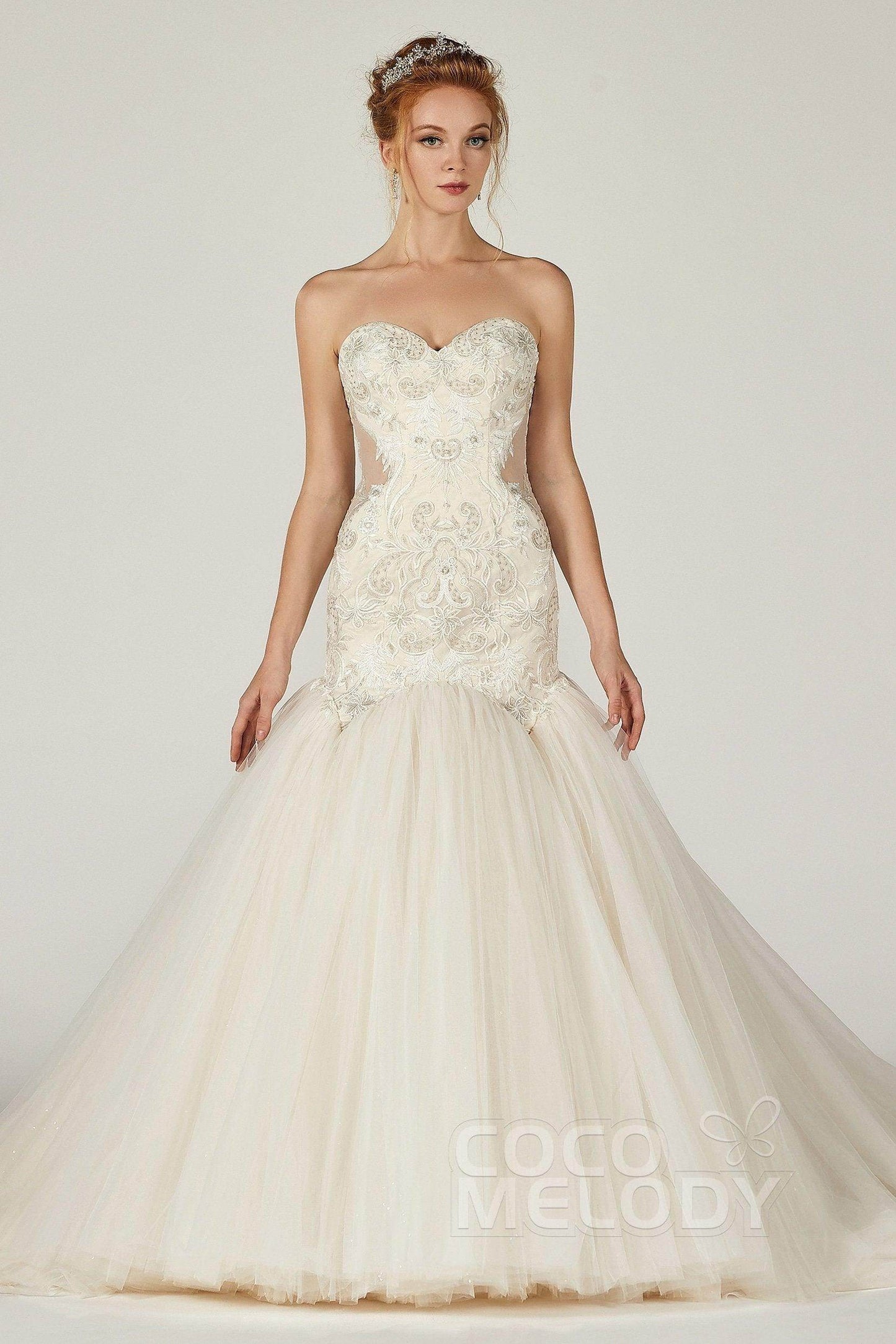 Trumpet Chapel Train Tulle Satin Wedding Dress CW2136 - COCOMELODY