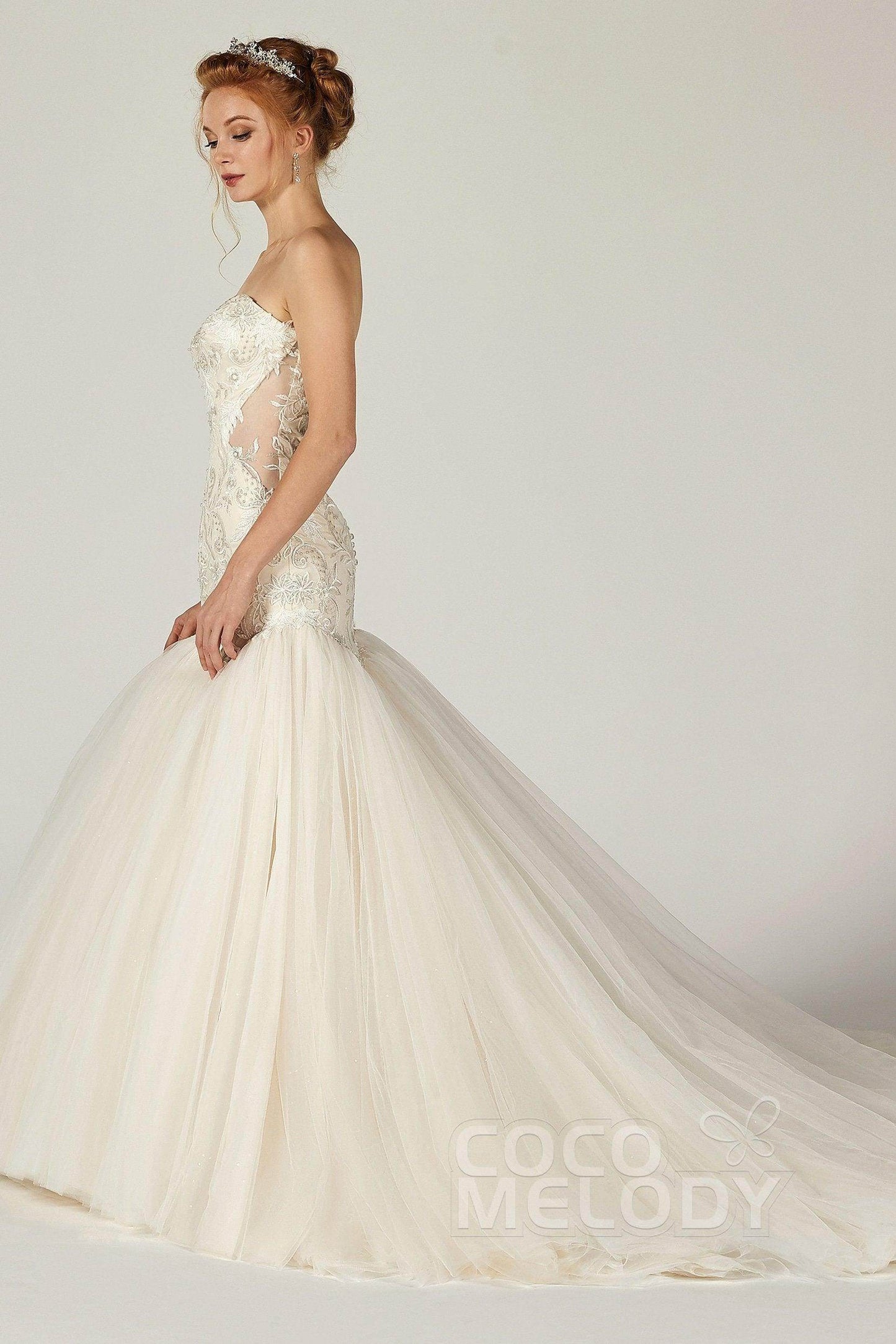 Trumpet Chapel Train Tulle Satin Wedding Dress CW2136 - COCOMELODY