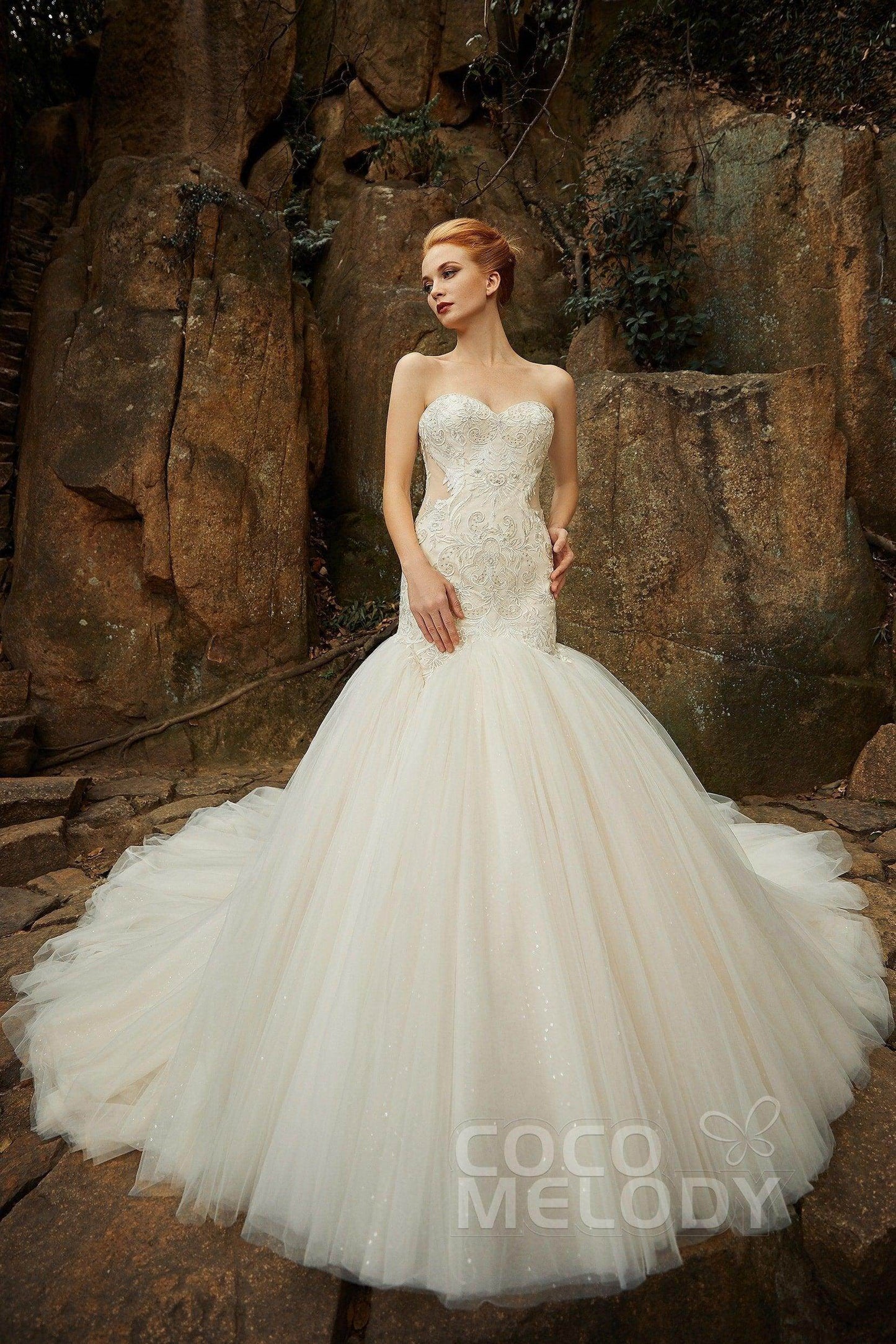 Trumpet Chapel Train Tulle Satin Wedding Dress CW2136 - COCOMELODY
