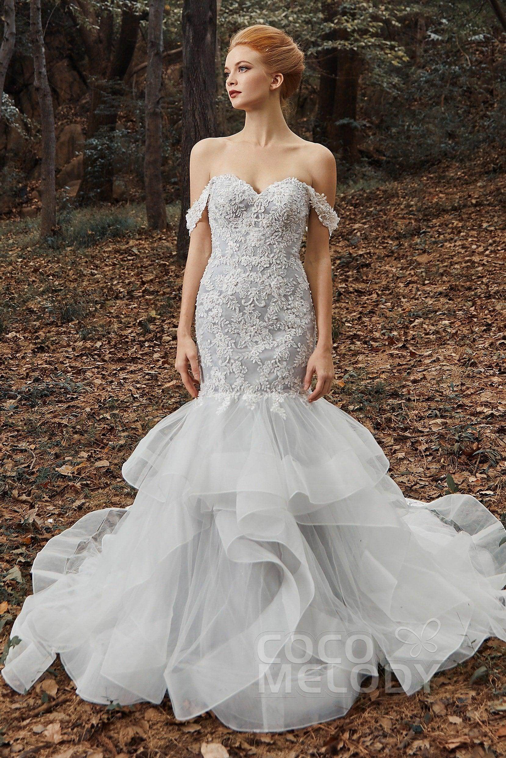 Trumpet Court Train Off Shoulder Tulle Wedding Dress Appliques Beading COCOMELODY CW2138, 45 Days / Ivory / US14-UK16-EUR44 Trumpet Court Train Off Shoulder Tulle Wedding Dress Appliques Beading COCOMELODY CW2138, 45 Days / Ivory / US14-UK16-EUR44