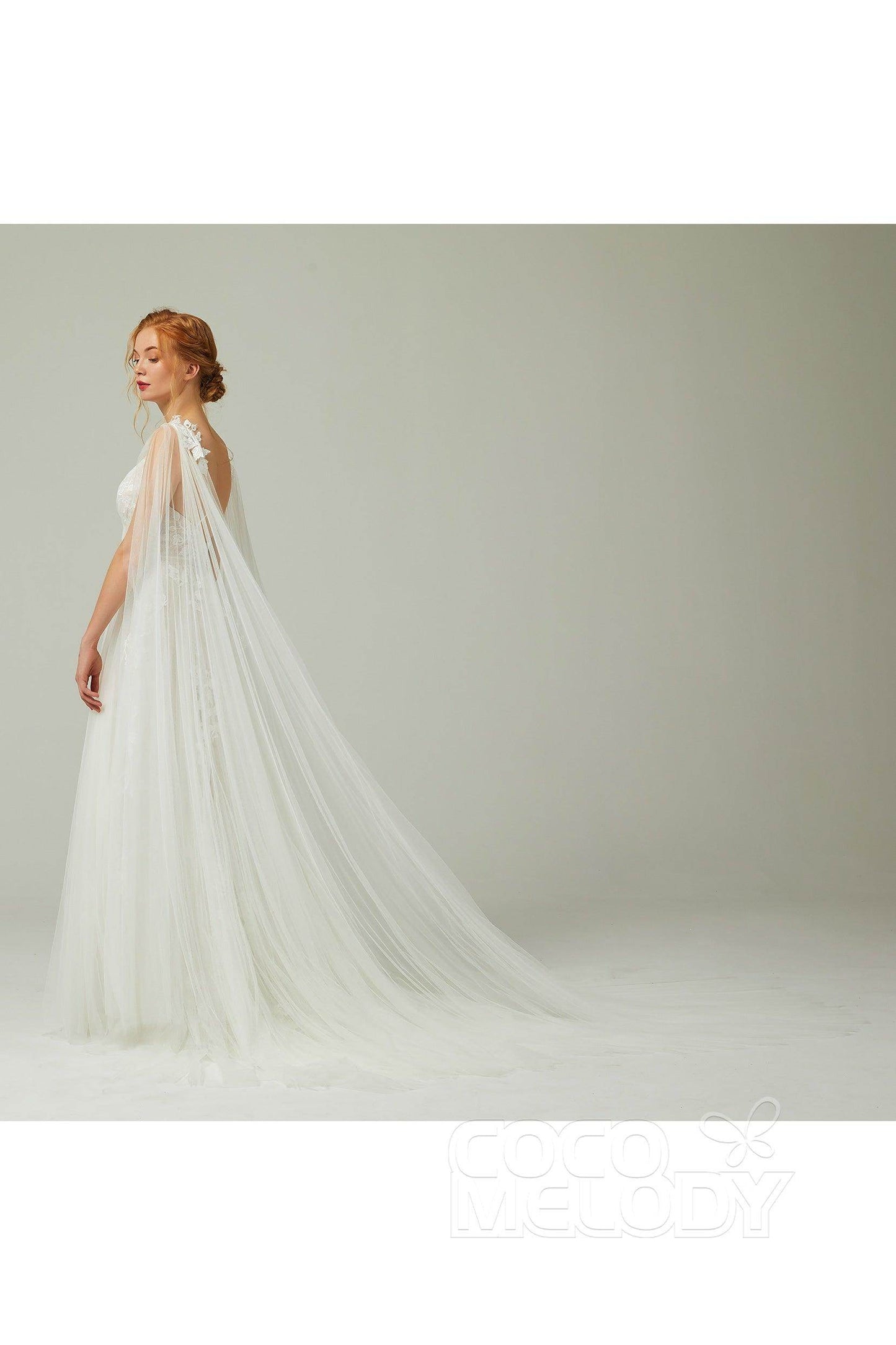 A-Line Sweep-Brush Train Tulle Lace Wedding Dress CW2174 - COCOMELODY