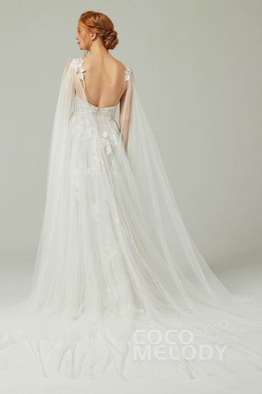 A-Line Sweep-Brush Train Tulle Lace Wedding Dress CW2174 - COCOMELODY