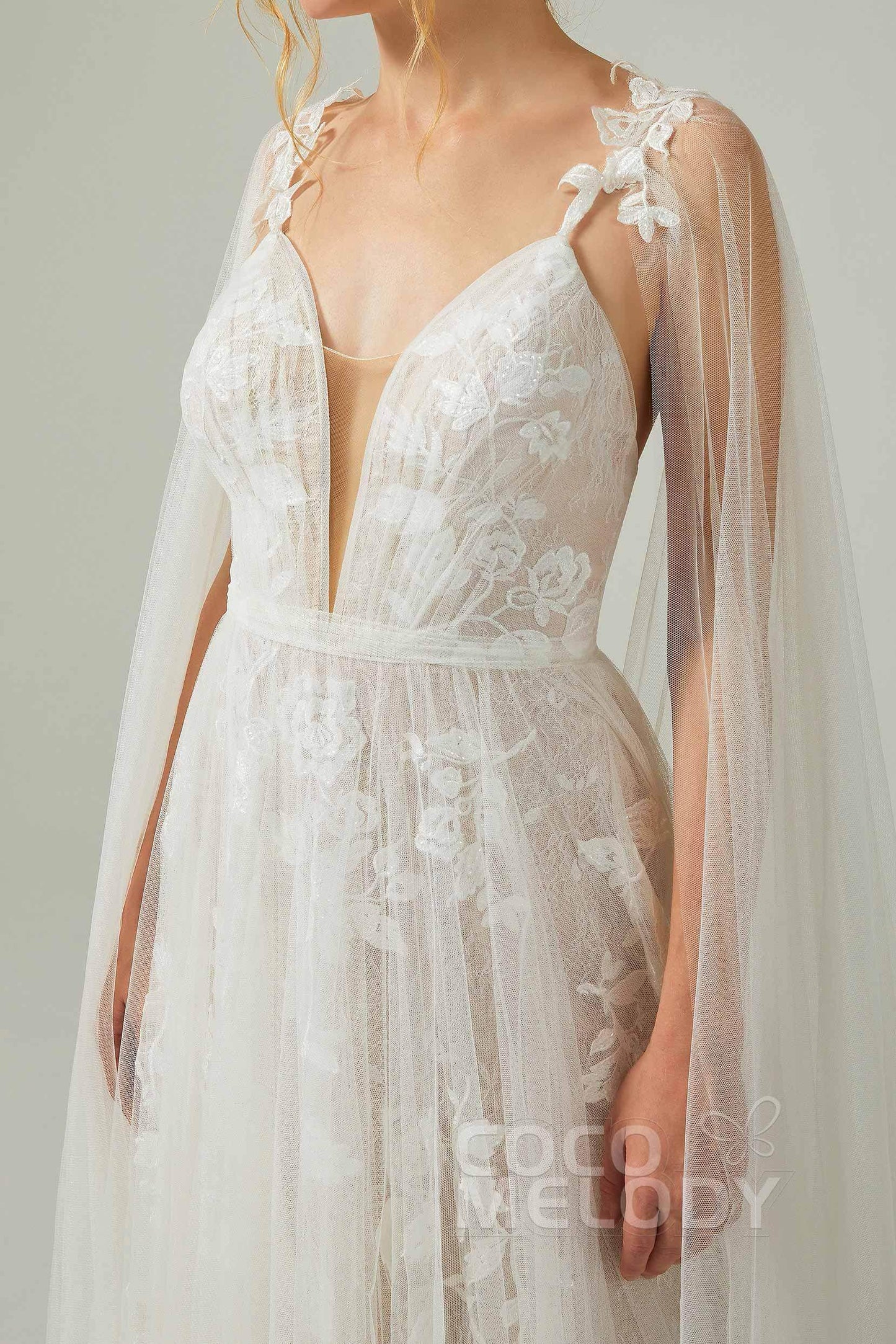 A-Line Sweep-Brush Train Tulle Lace Wedding Dress CW2174 - COCOMELODY
