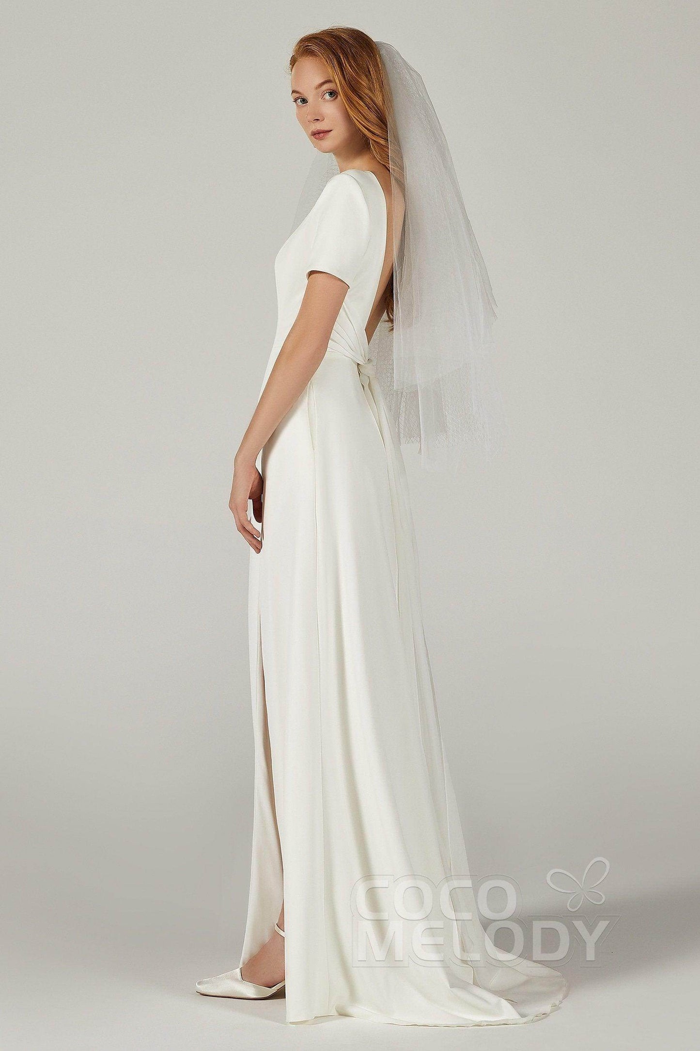 A-Line Sweep-Brush Train Elastic Fabric Wedding Dress CW2214 - COCOMELODY