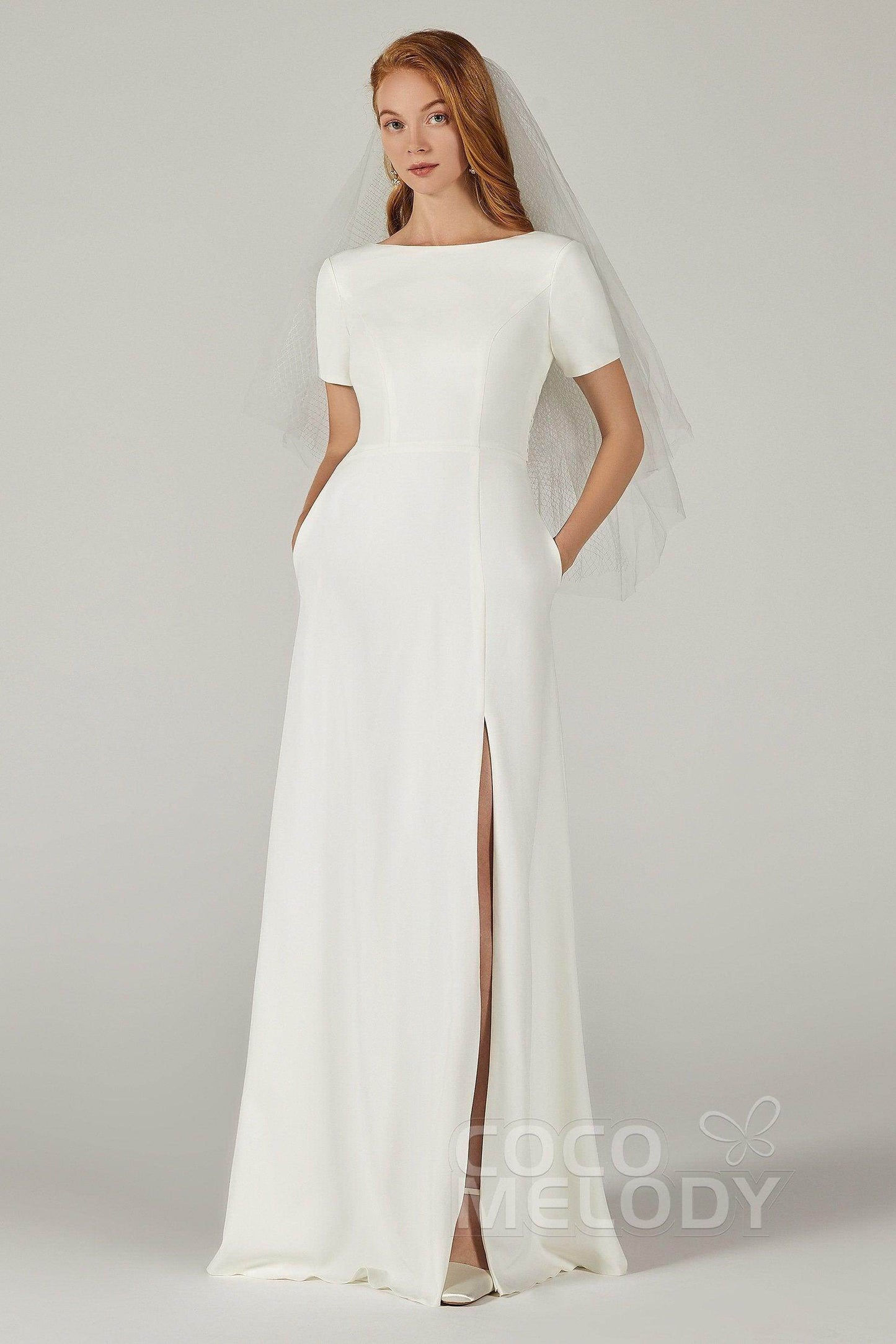 A-Line Sweep-Brush Train Elastic Fabric Wedding Dress CW2214 - COCOMELODY