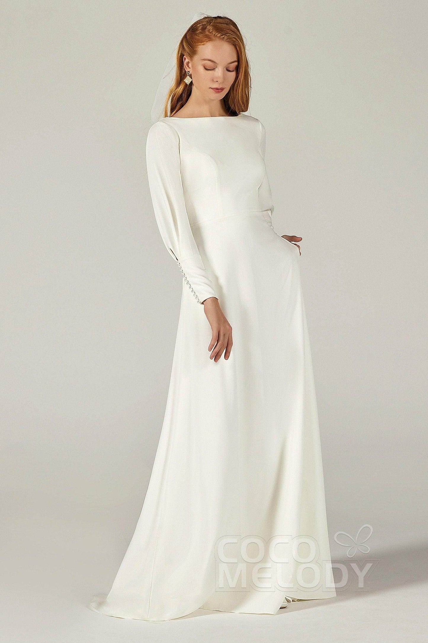 A-Line Sweep-Brush Train Elastic Fabric Wedding Dress CW2218 - COCOMELODY