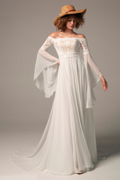 A-Line Court Train Chiffon Lace Wedding Dress CW2223
