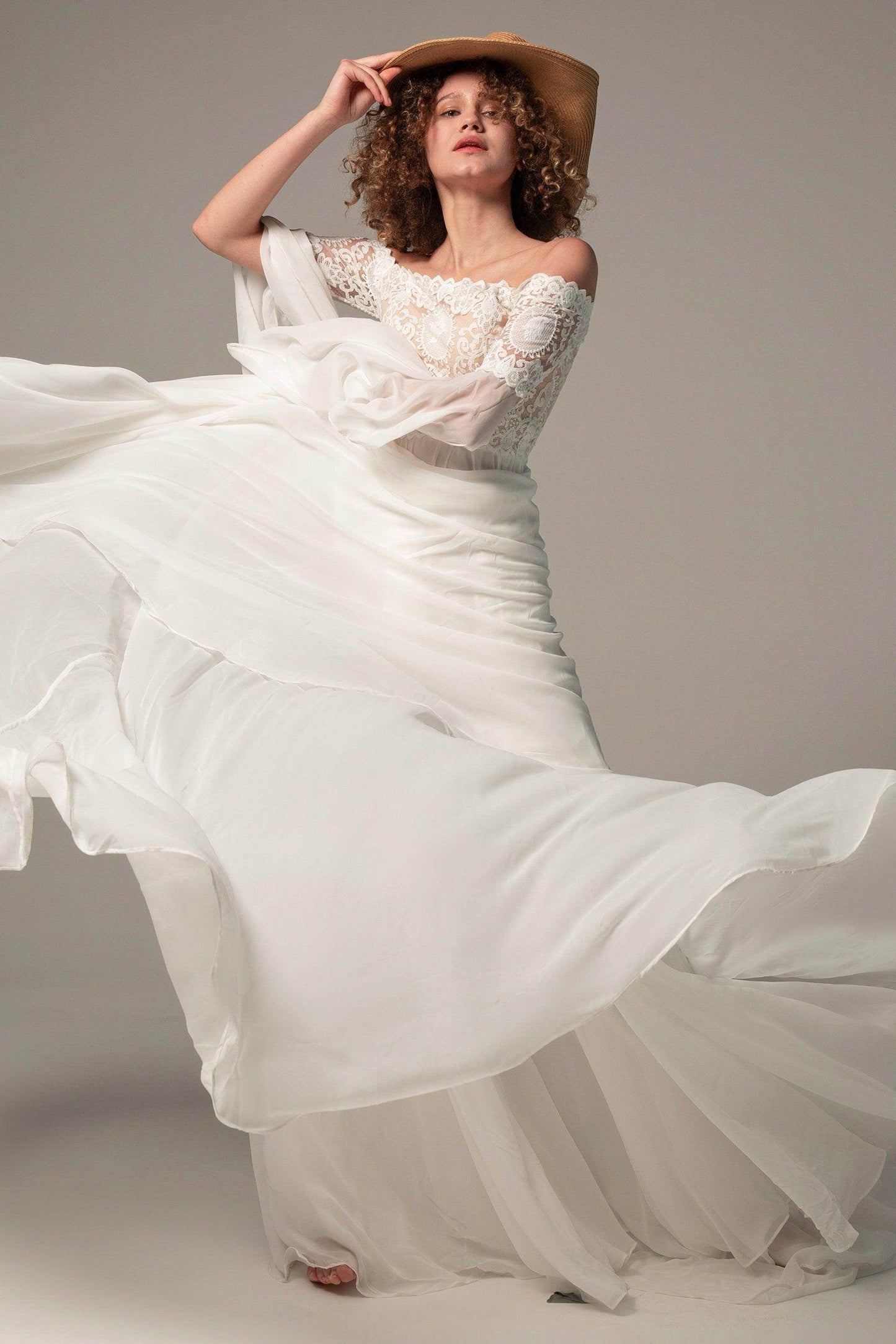 A-Line Court Train Chiffon Lace Wedding Dress CW2223CR - COCOMELODY
