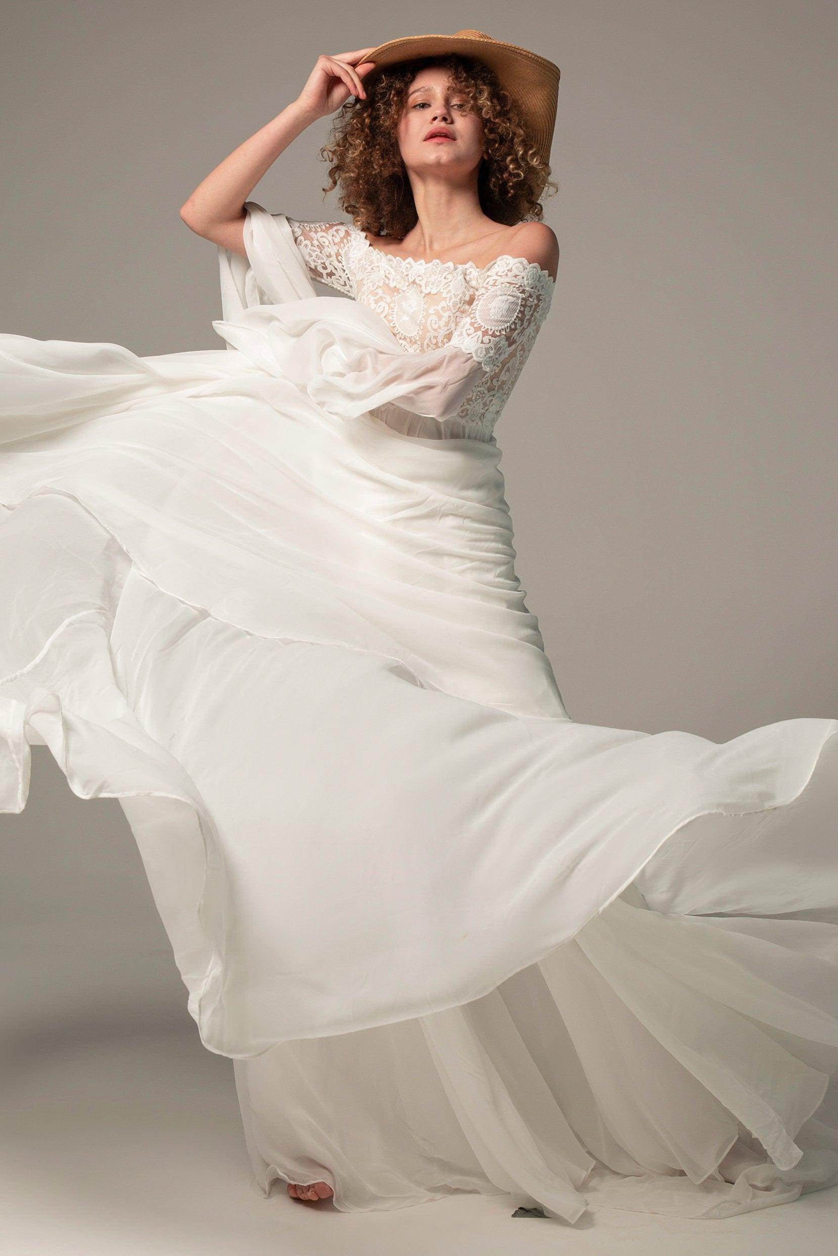 A-Line Court Train Chiffon Lace Wedding Dress CW2223CR - COCOMELODY