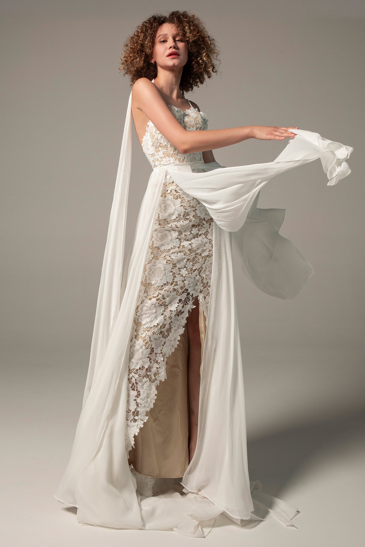 Sheath Sweep-Brush Train Chiffon Lace Wedding Dress CW2226