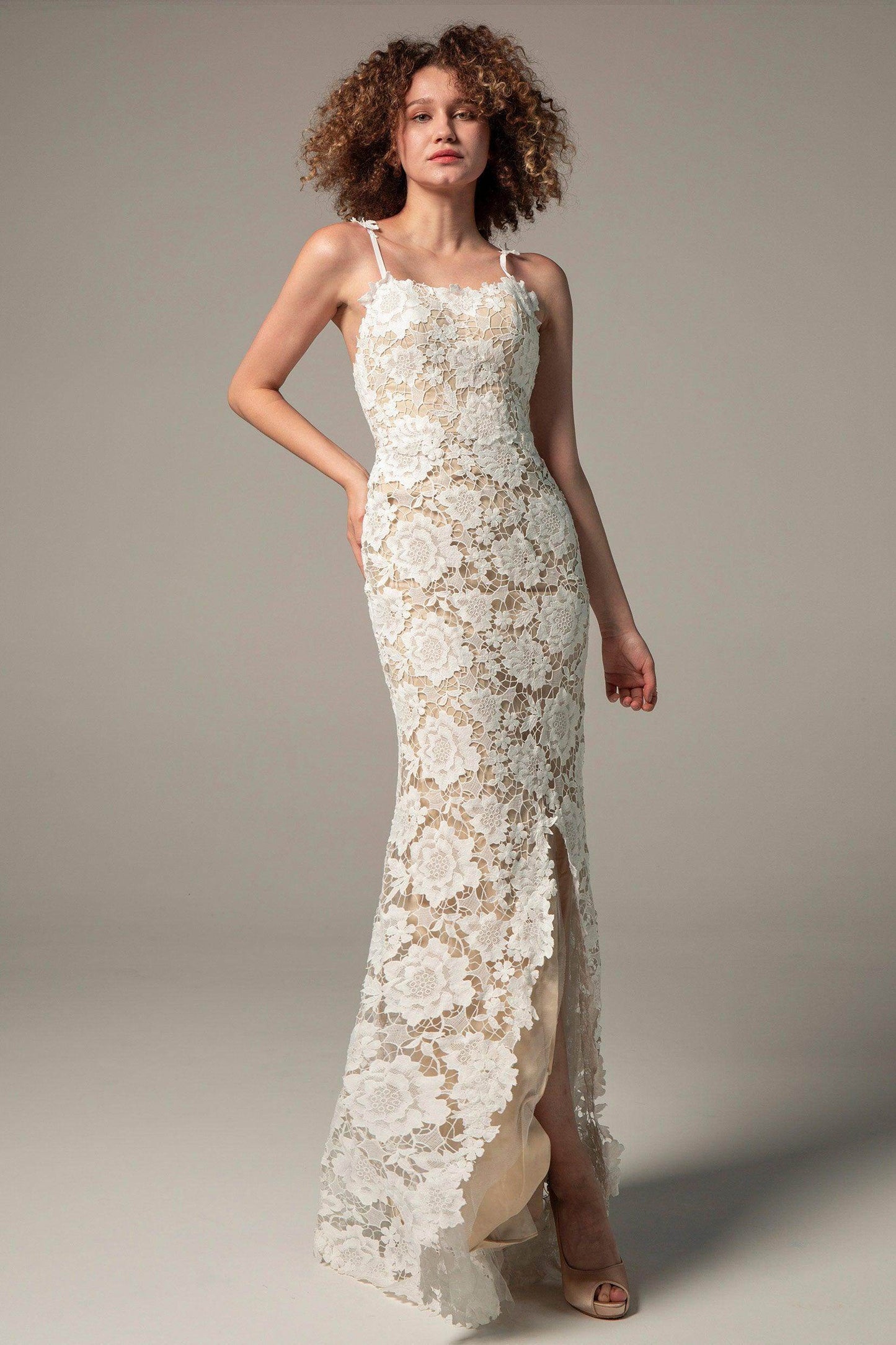 Sheath Sweep-Brush Train Chiffon Lace Wedding Dress CW2226