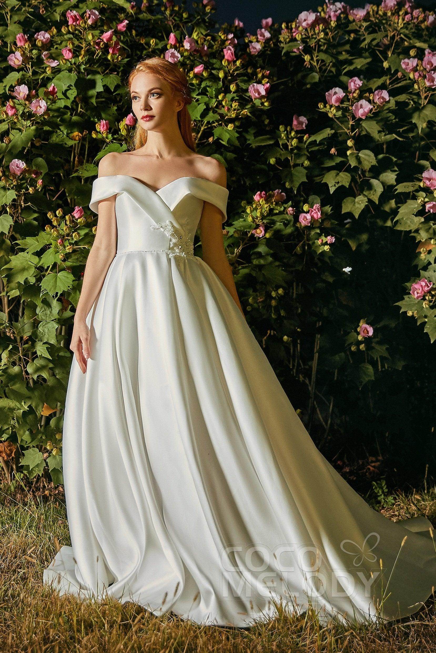 Elegant Off The Shoulder Mikado Wedding Dress Beading COCOMELODY CW2289, 45 Days / Dark Champagne / US2-UK4-EUR32 Elegant Off The Shoulder Mikado Wedding Dress Beading COCOMELODY CW2289, 45 Days / Dark Champagne / US2-UK4-EUR32