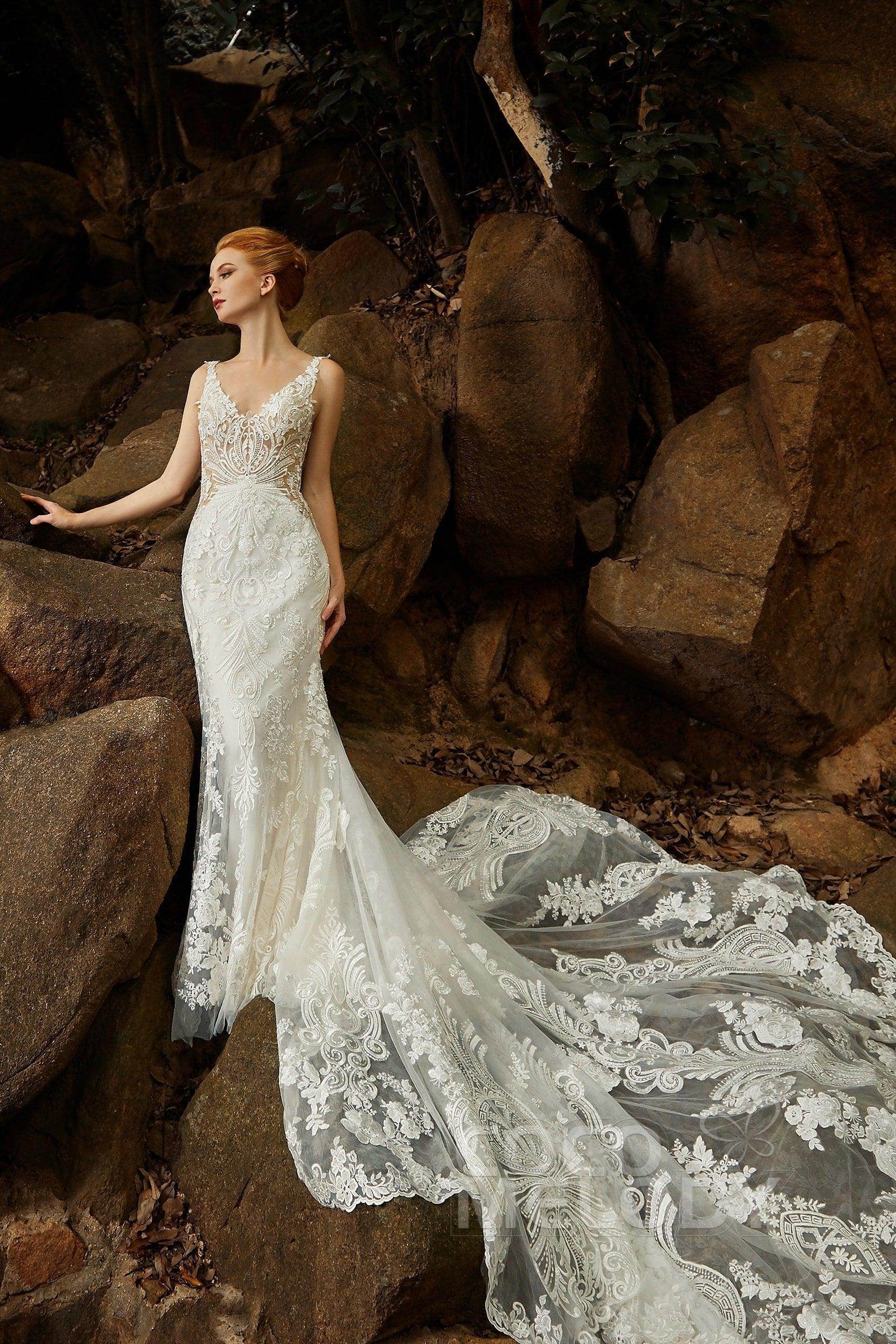 Trumpet V-Neck Cathedral Tulle Wedding Dress Appliques COCOMELODY CW2303, 45 Days / As Picture:Ivory/Dark Champagne / US14-UK16-EUR44 Trumpet V-Neck Cathedral Tulle Wedding Dress Appliques COCOMELODY CW2303, 45 Days / As Picture:Ivory/Dark Champagne / US14-UK16-EUR44