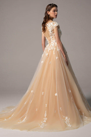 A-Line Court Train Tulle Elastic Satin Wedding Dress CW2327 - COCOMELODY