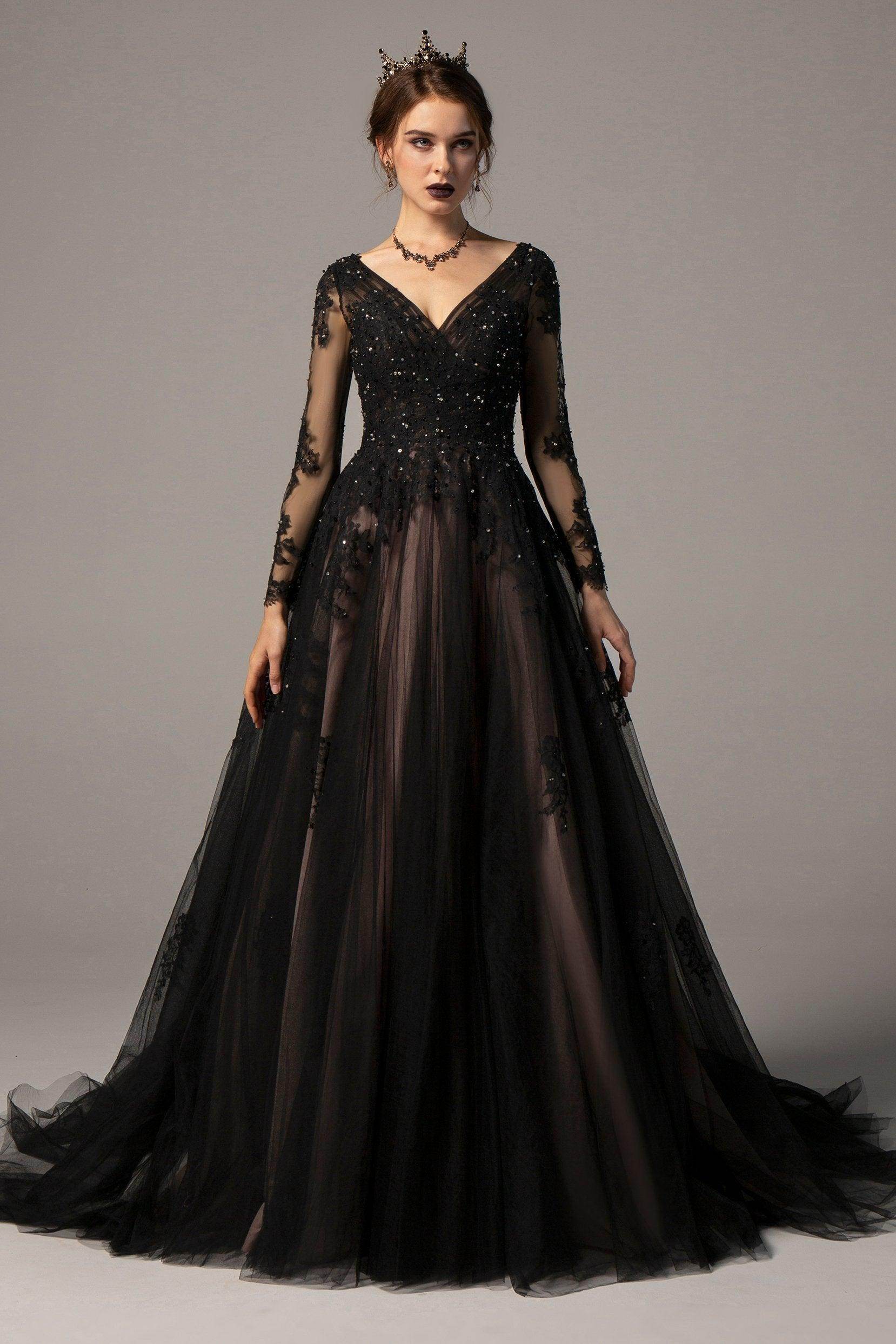 wedding dress with black beading Black and Nude Gothic Beaded Corset Wedding Dress, Alternative Cape Tulle Lace Gown
