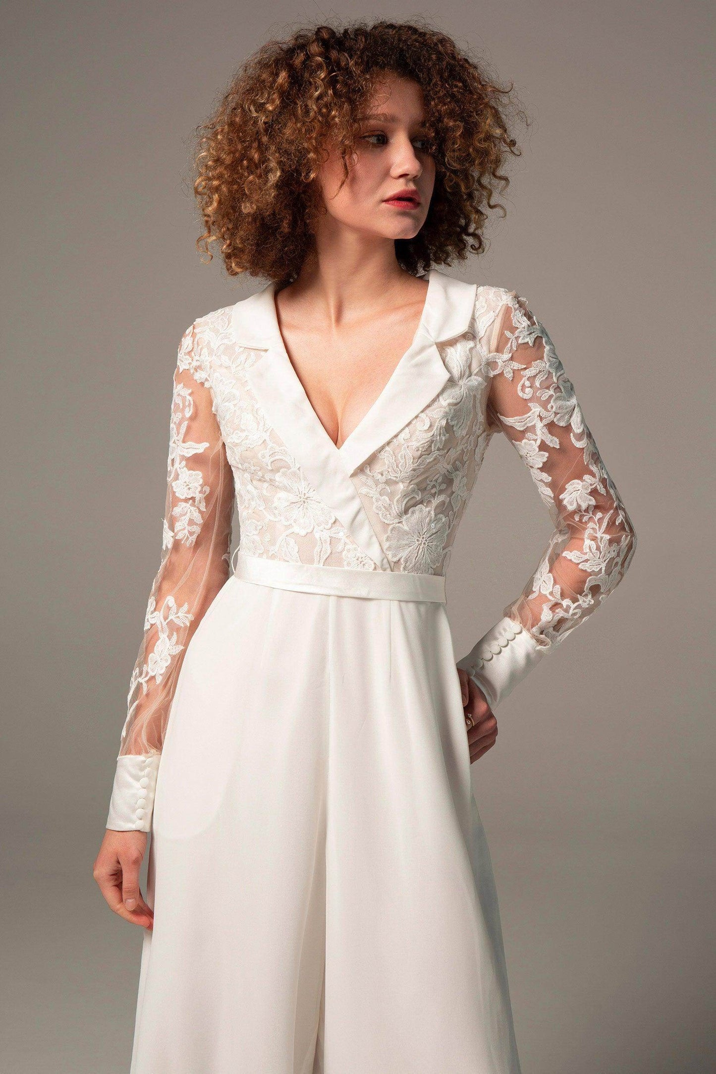 Floor Length Chiffon Tulle Wedding Jumpsuit CW2351 - COCOMELODY