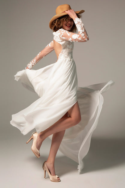 A-Line Court Train Chiffon Lace Wedding Dress CW2352