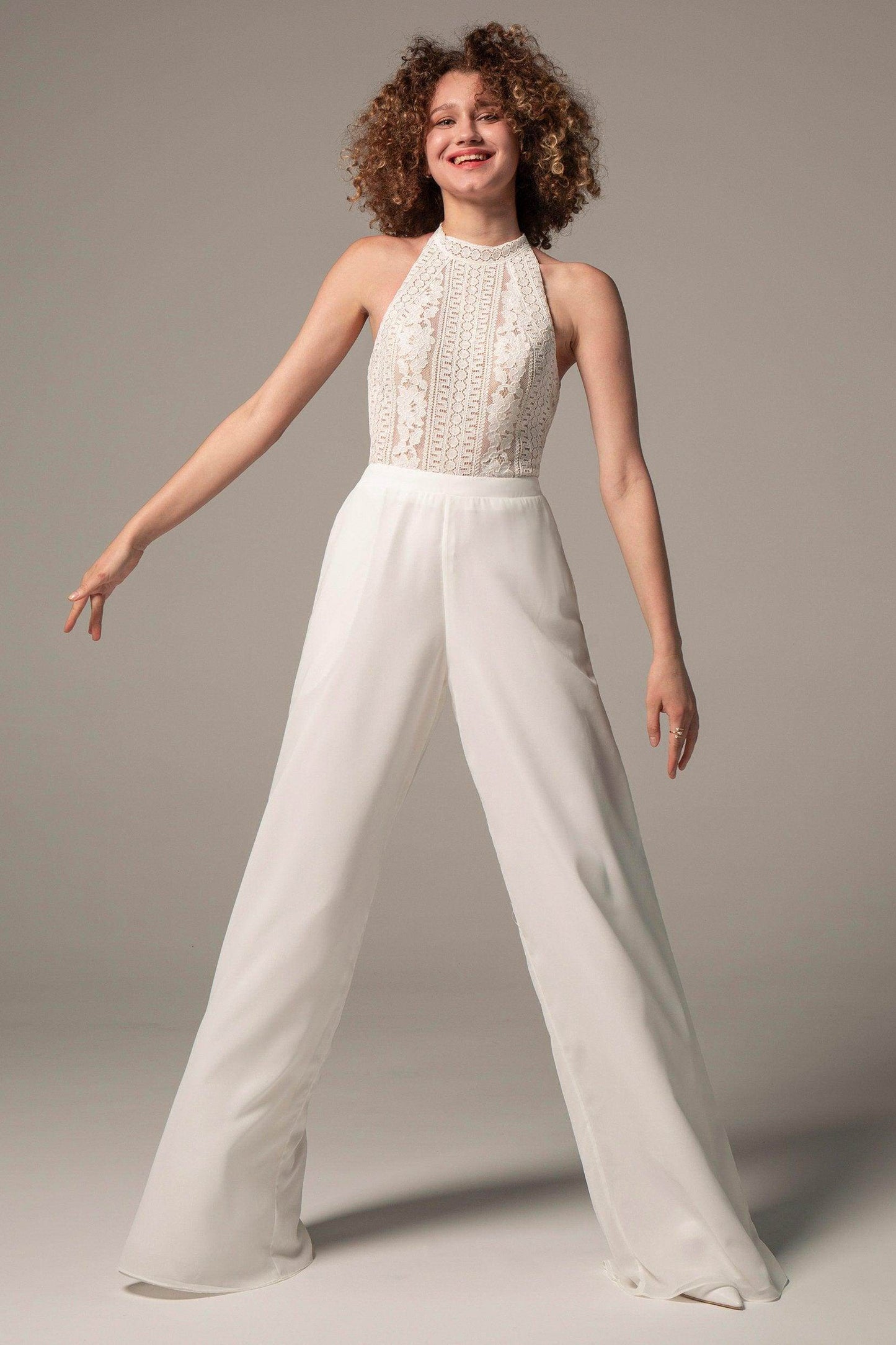 Floor Length Chiffon Lace Wedding Jumpsuit CW2354CR - COCOMELODY