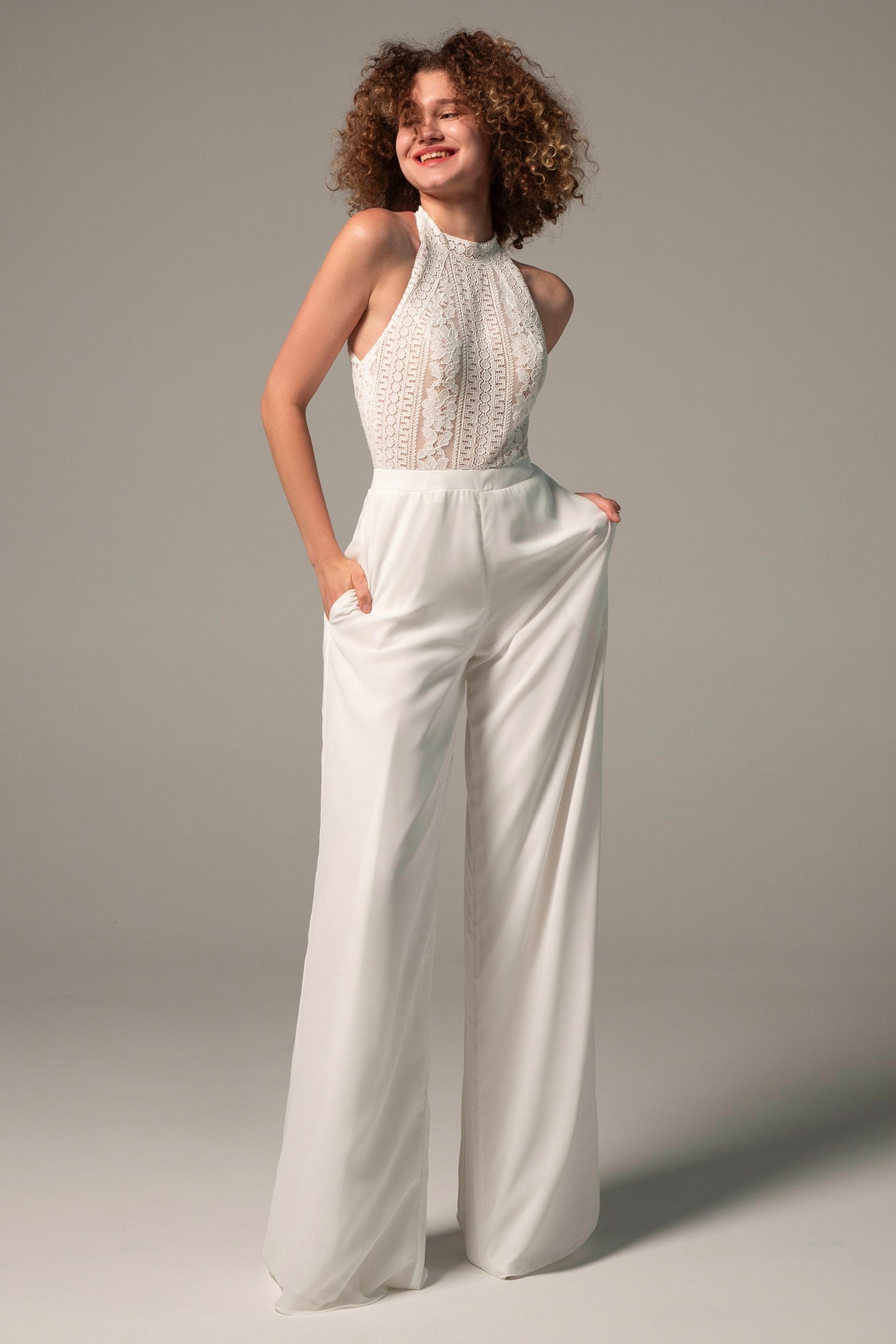 Floor Length Chiffon Lace Wedding Jumpsuit CW2354