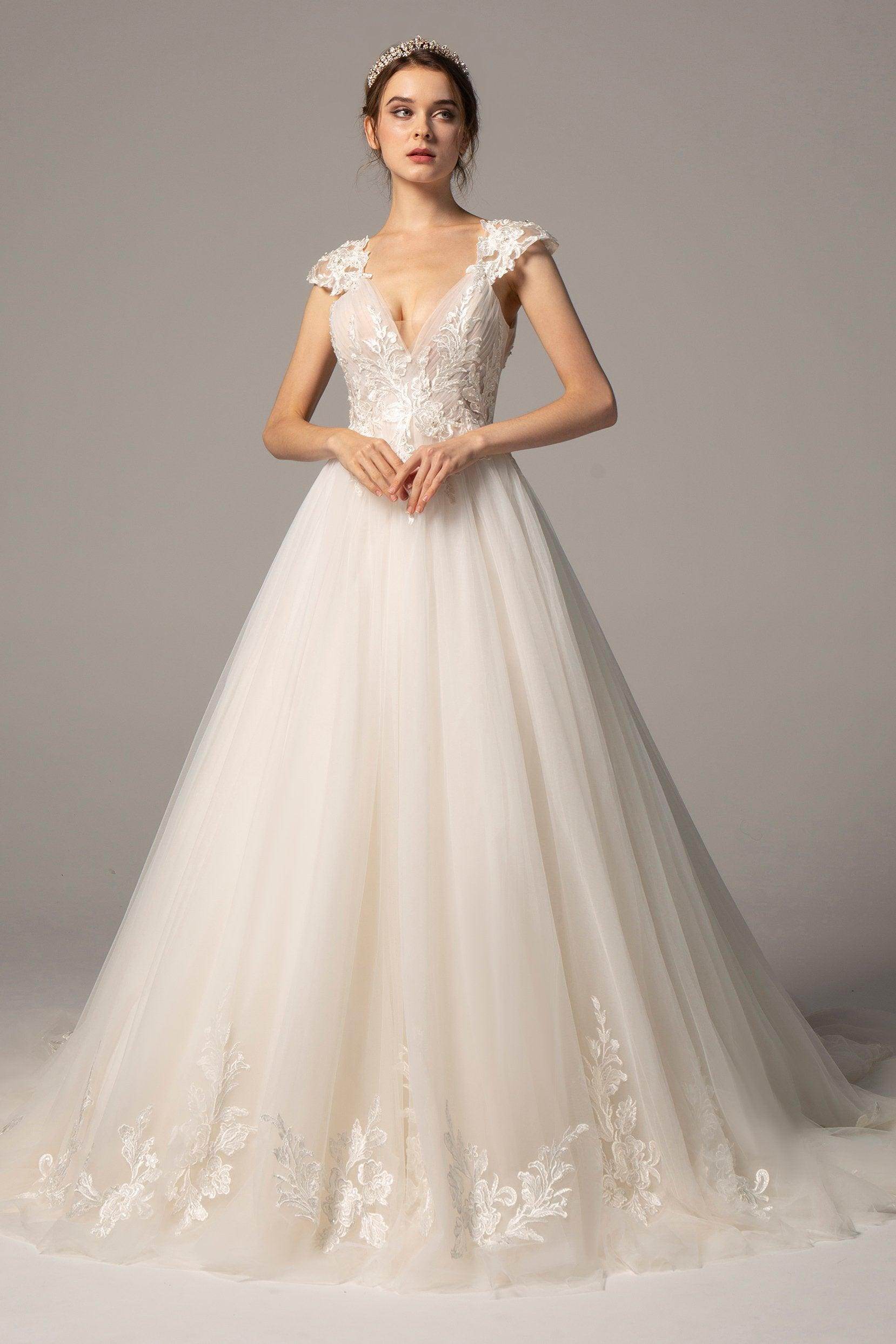 A-Line V-Neck Court Train Tulle Cap Sleeve Wedding Dress COCOMELODY CW2358, 45 Days / As Picture:Ivory/Sand / US4-UK6-EUR34 A-Line V-Neck Court Train Tulle Cap Sleeve Wedding Dress COCOMELODY CW2358, 45 Days / As Picture:Ivory/Sand / US4-UK6-EUR34