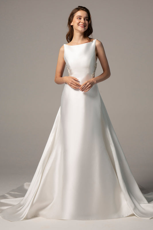 A-Line Chapel Train Satin Wedding Dress CW2361