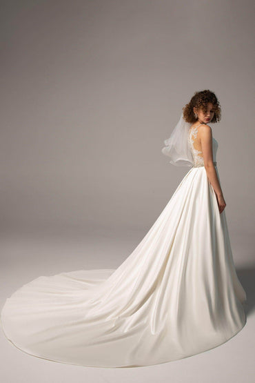 A-Line Chapel Train Satin Wedding Dress CW2364 - COCOMELODY