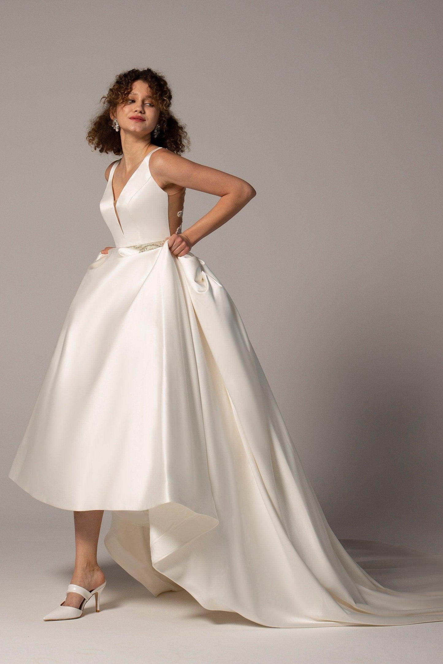 A-Line Chapel Train Satin Wedding Dress CW2364 - COCOMELODY