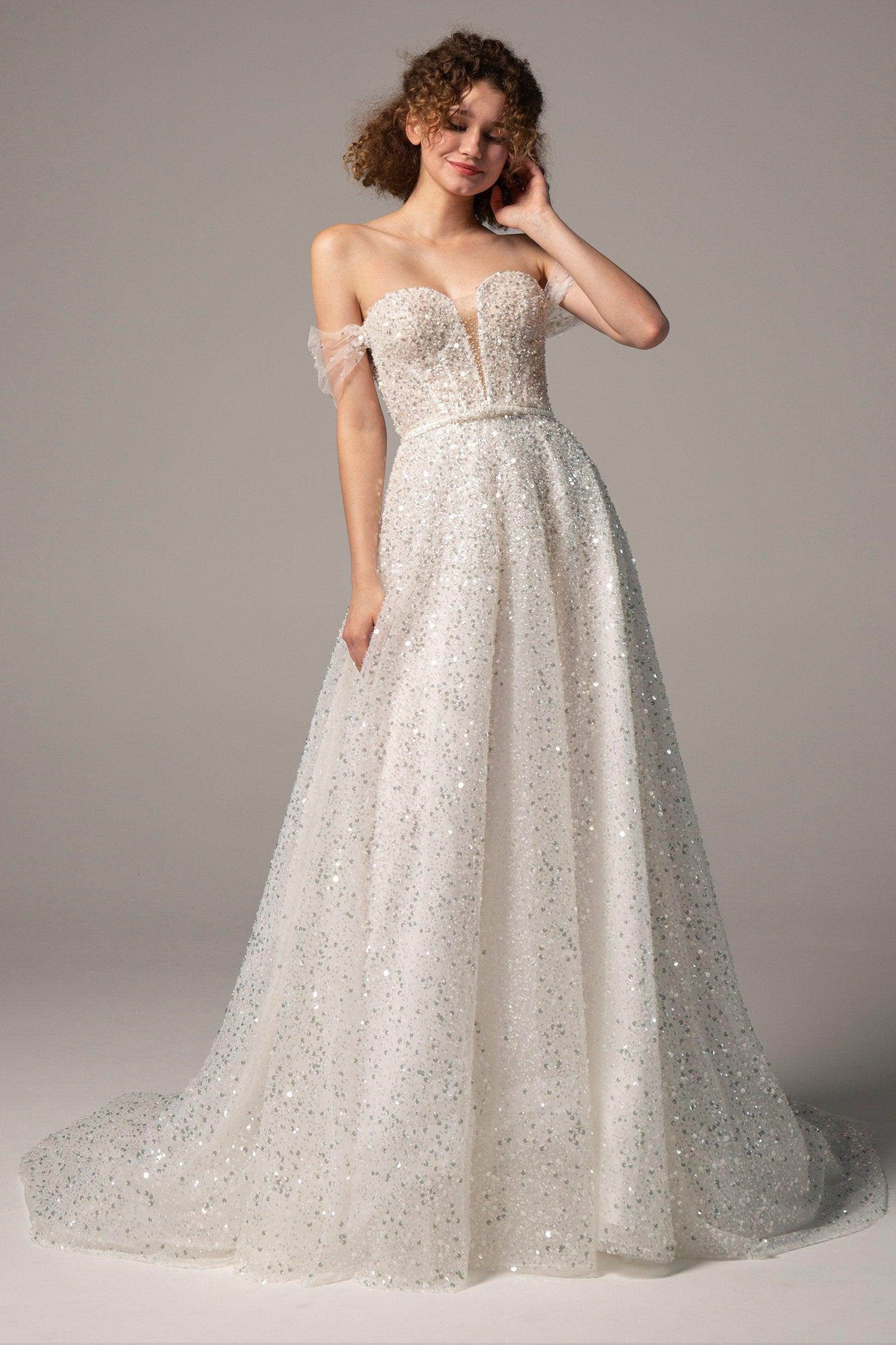 A-Line Court Train Sequined Wedding Dress CW2381 - COCOMELODY