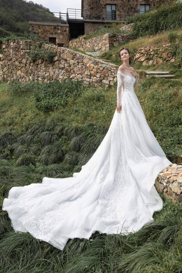 Princess Cathedral Train Tulle Lace Wedding Dress CW2388 - COCOMELODY