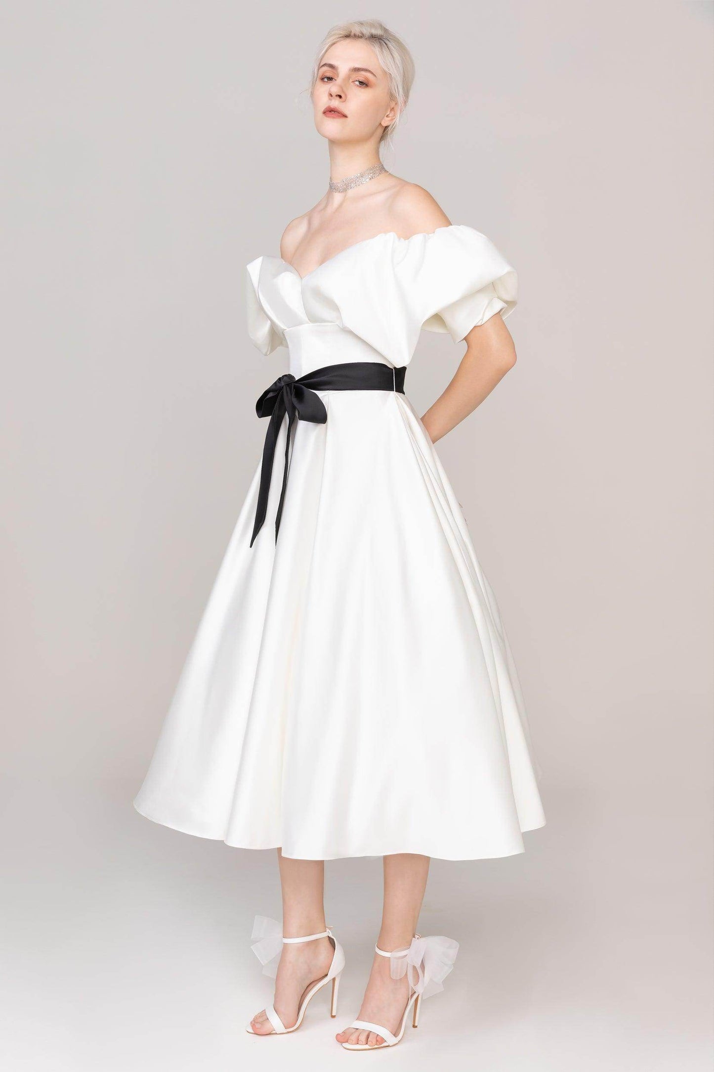 A-Line Tea Length Satin Wedding Dress CW2407 - COCOMELODY